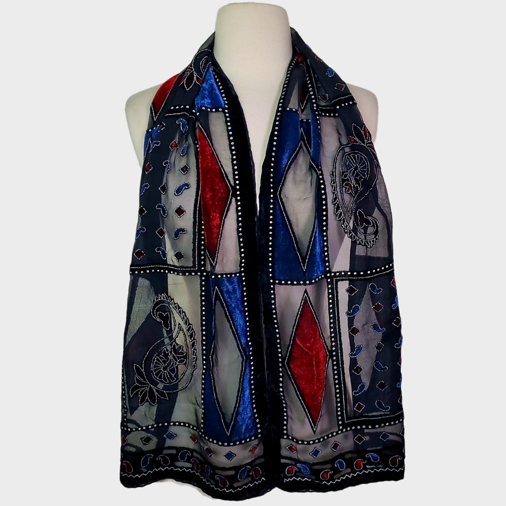 Silk Burnout Patterned Hand Rolled Edge Scarf Black Burgundy Blue Made in Italy